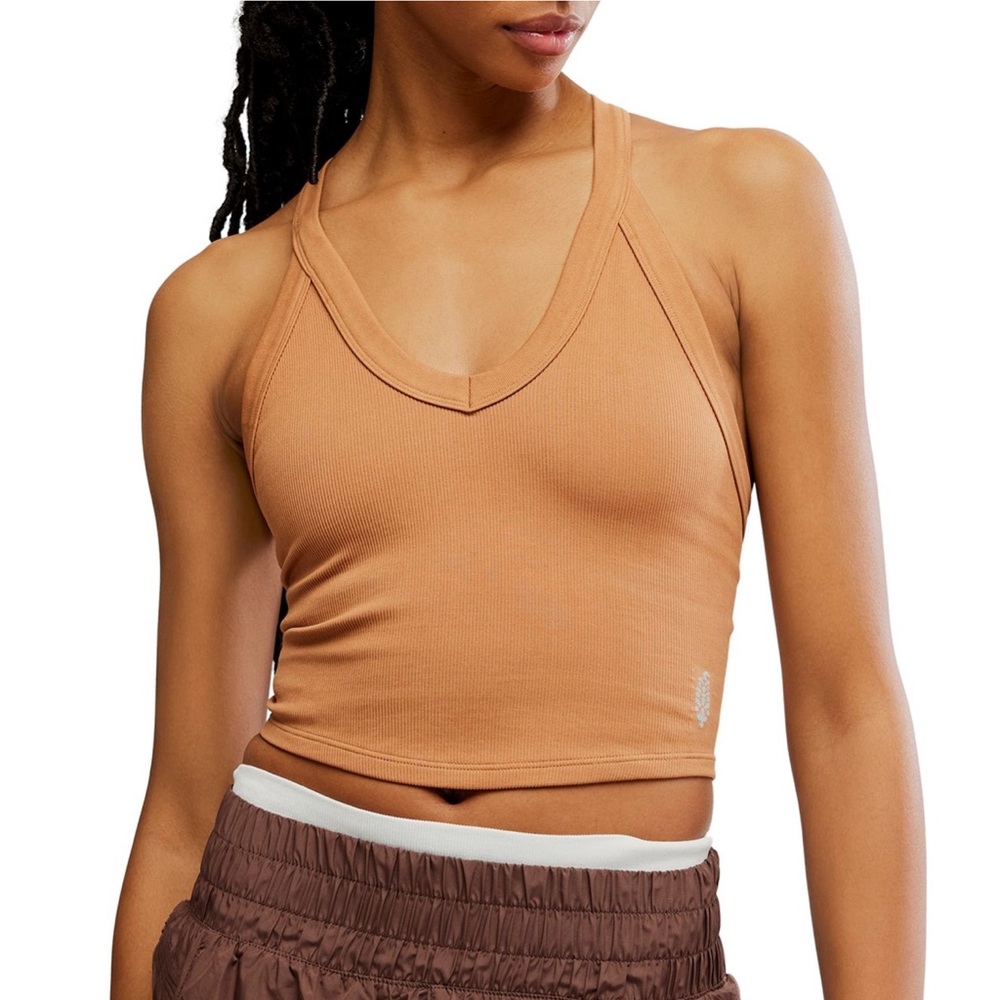 FP Movement by Free People Camel Ribbed V-Neck Tank Top